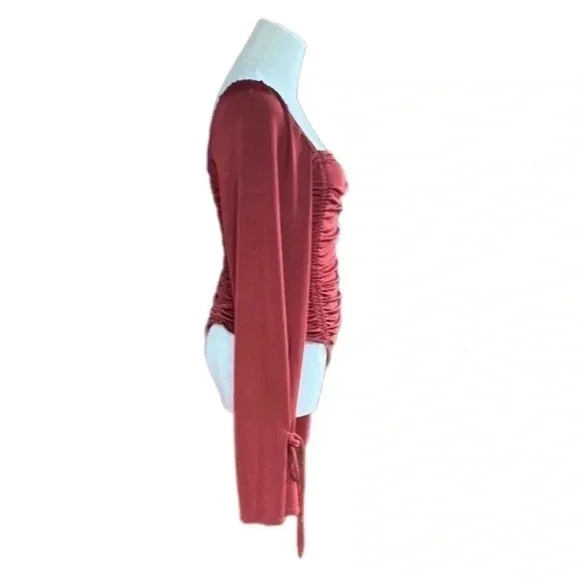 Free People Ruched Long Sleeve Bodysuit Cherry Chai Bottom Snap Closure Small - Picture 9 of 13